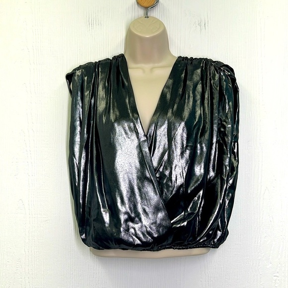 Express - NWT Metallic Silver Surplice Crossover Sleeveless Blouse Size Small - Picture 1 of 9